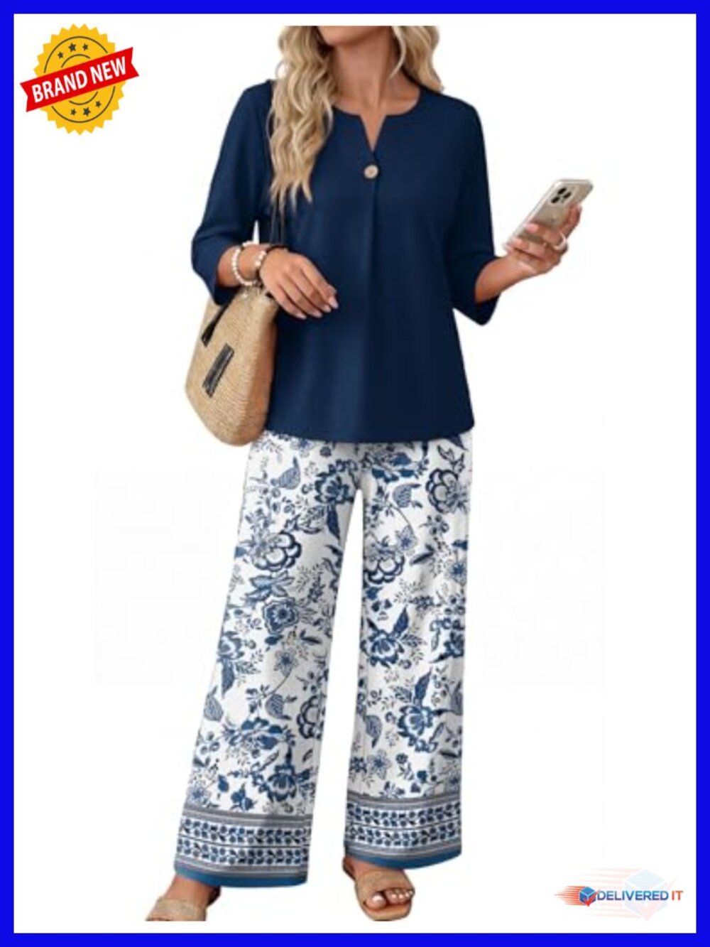 Women's 2 Piece Lounge Set 3/4 Sleeve High Waisted Wide Leg Pants Travel Outfit